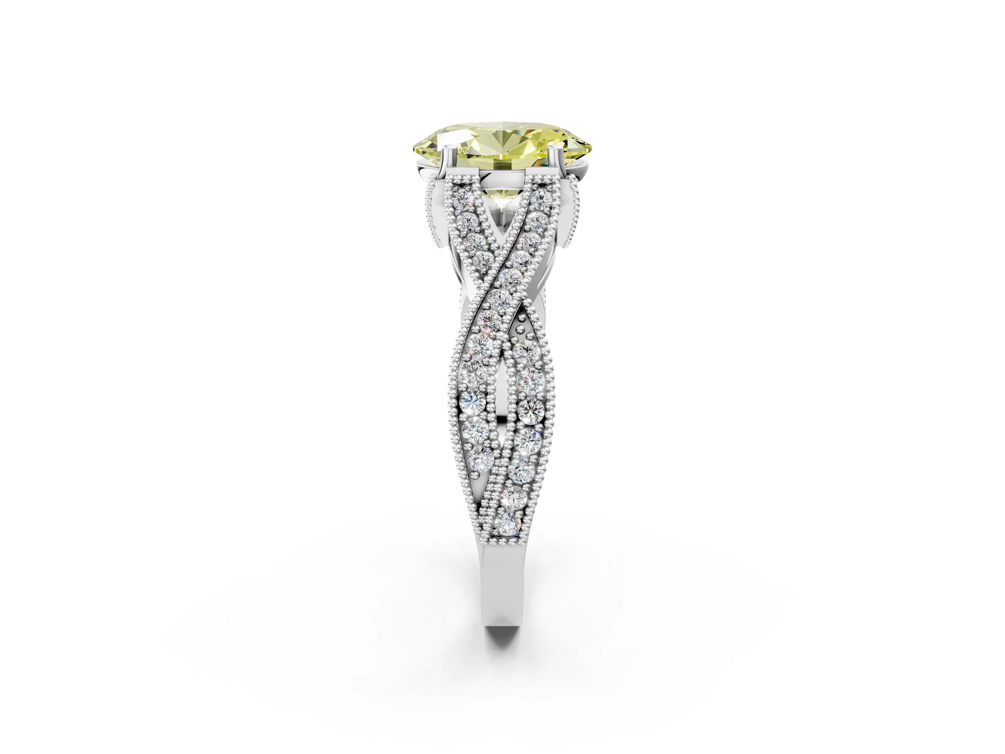 White gold Fancy Yellow Oval Cut Cut Diamond Twisted Band with Milgrain Pave Setting and Four-Prong Setting_2