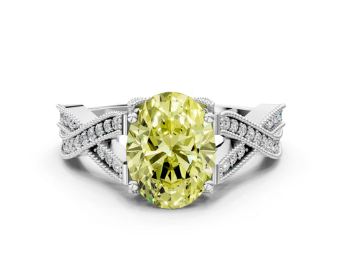 White gold Fancy Yellow Oval Cut Cut Diamond Twisted Band with Milgrain Pave Setting and Four-Prong Setting