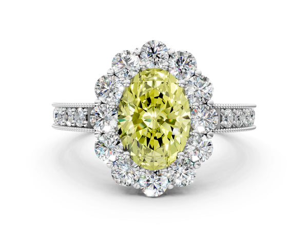 Platinum Fancy Yellow Oval Cut Cut Halo Diamond Pavé Engagement Ring with Milgrain Detailing