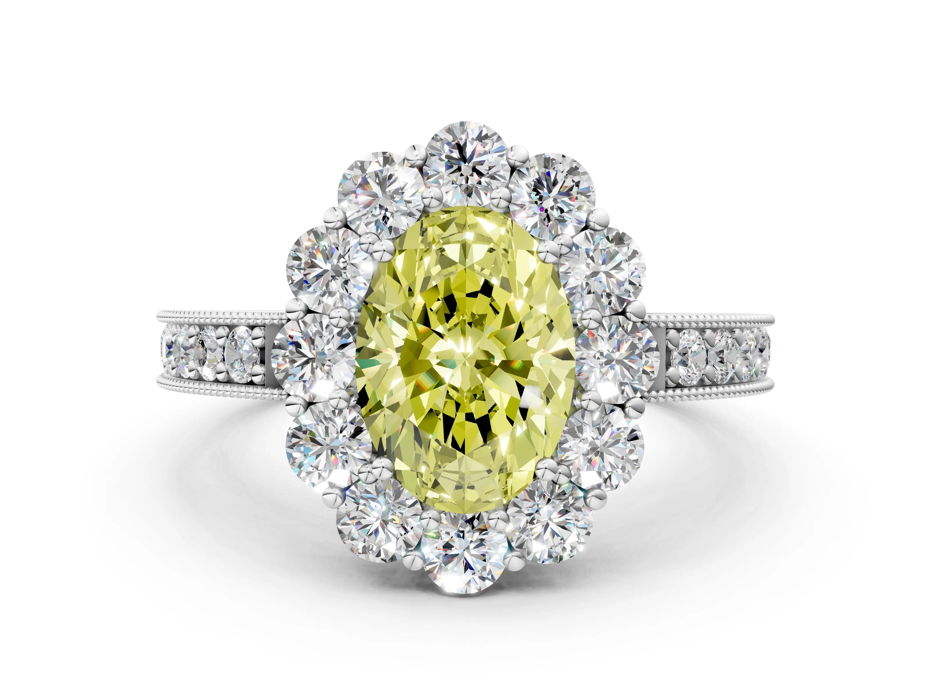 White gold Fancy Yellow Oval Cut Cut Halo Diamond Pavé Engagement Ring with Milgrain Detailing