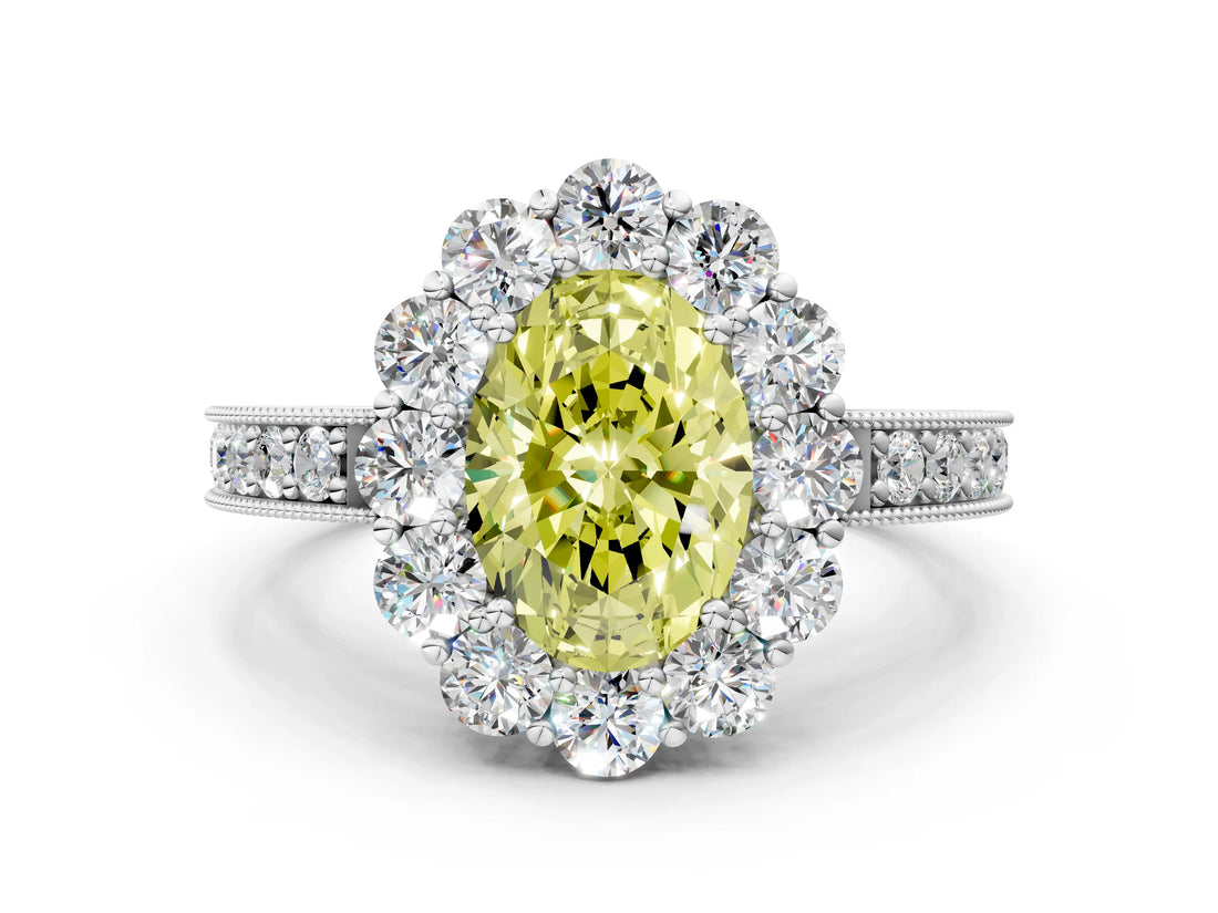 White gold Fancy Yellow Oval Cut Cut Halo Diamond Pavé Engagement Ring with Milgrain Detailing_12