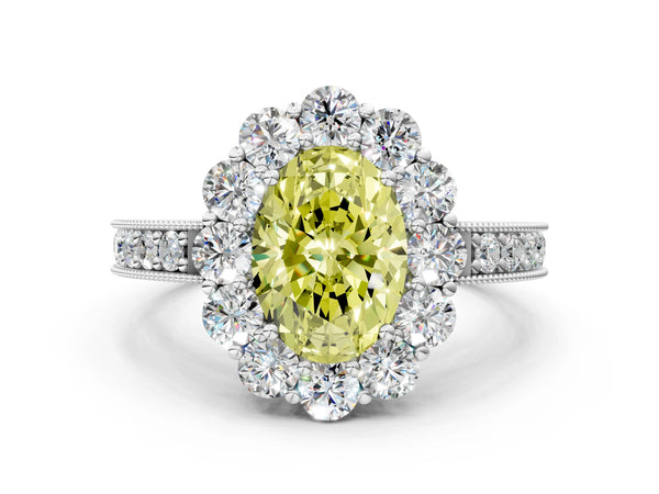 Platinum Fancy Yellow Oval Cut Cut Halo Diamond Pavé Engagement Ring with Milgrain Detailing