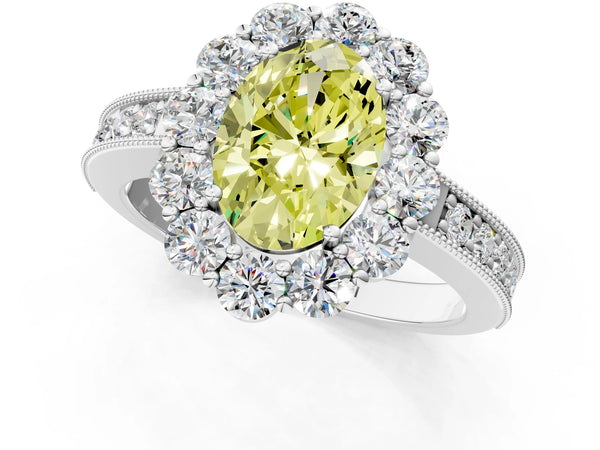 Platinum Fancy Yellow Oval Cut Cut Halo Diamond Pavé Engagement Ring with Milgrain Detailing