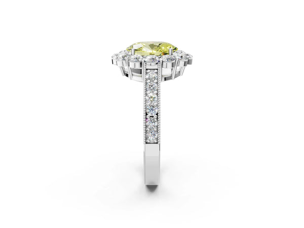 Platinum Fancy Yellow Oval Cut Cut Halo Diamond Pavé Engagement Ring with Milgrain Detailing
