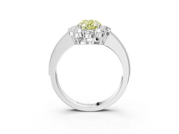 Platinum Fancy Yellow Oval Cut Cut Halo Diamond Pavé Engagement Ring with Milgrain Detailing