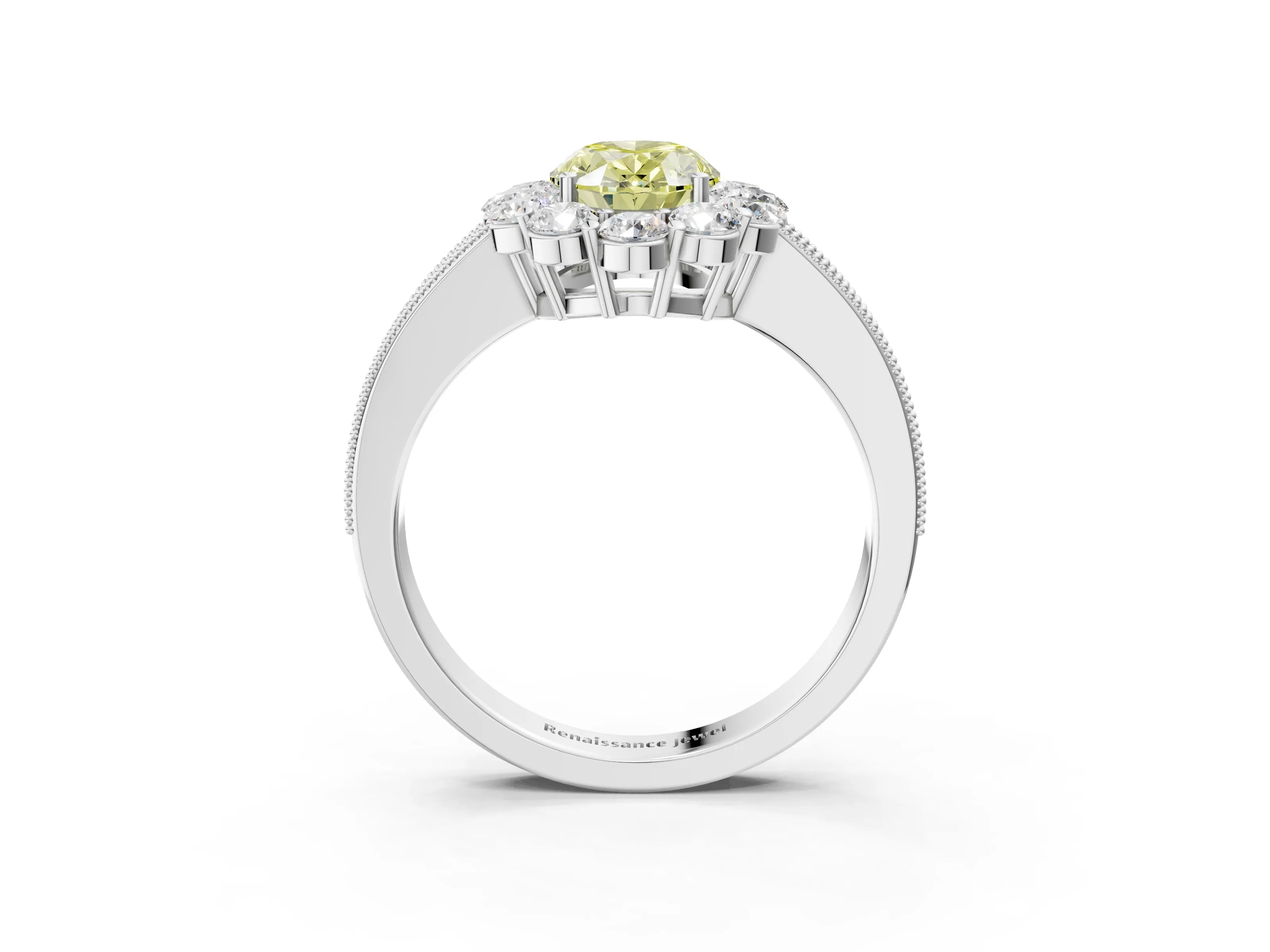 White gold Fancy Yellow Oval Cut Cut Halo Diamond Pavé Engagement Ring with Milgrain Detailing_15
