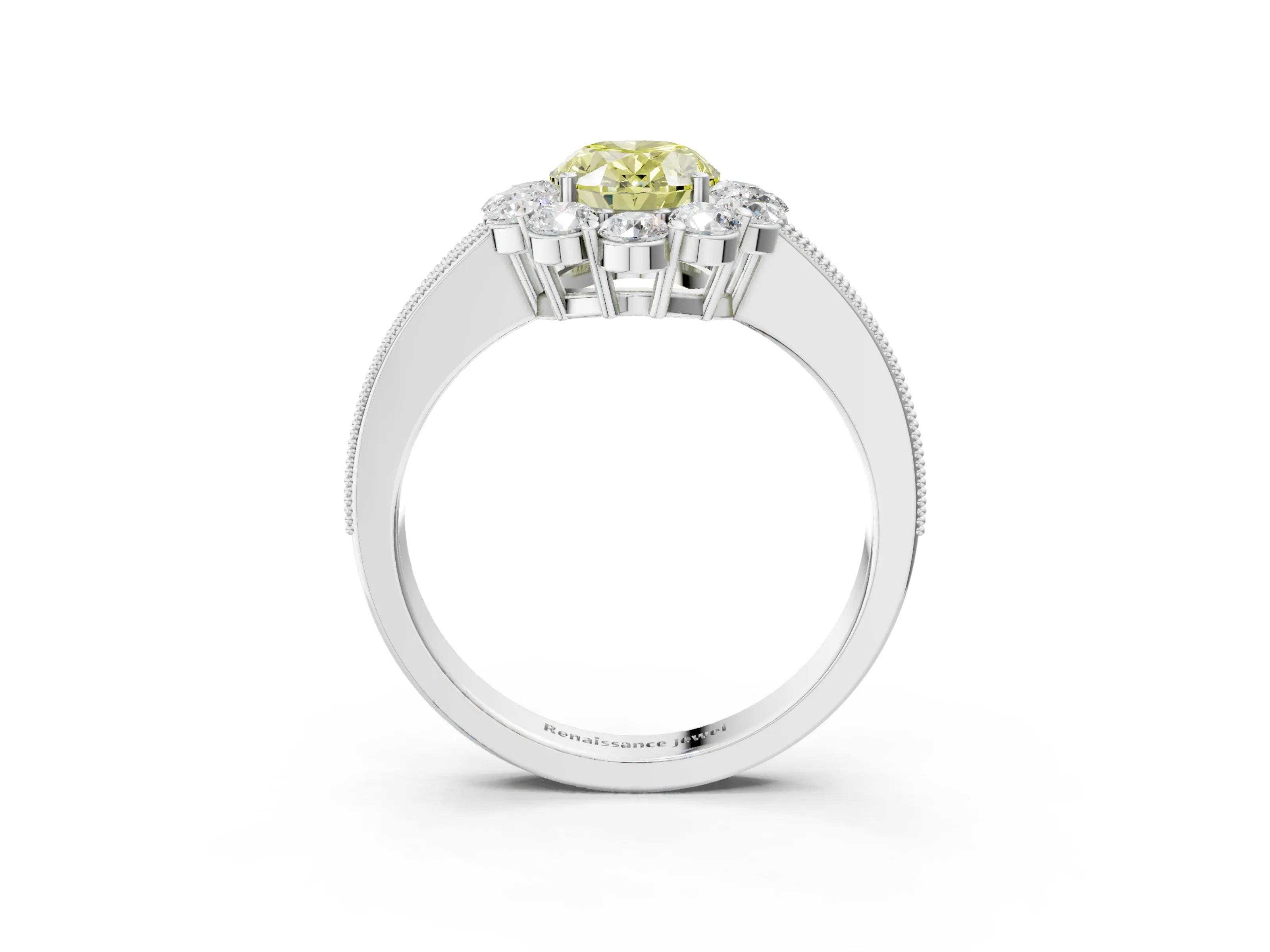 White gold Fancy Yellow Oval Cut Cut Halo Diamond Pavé Engagement Ring with Milgrain Detailing_3