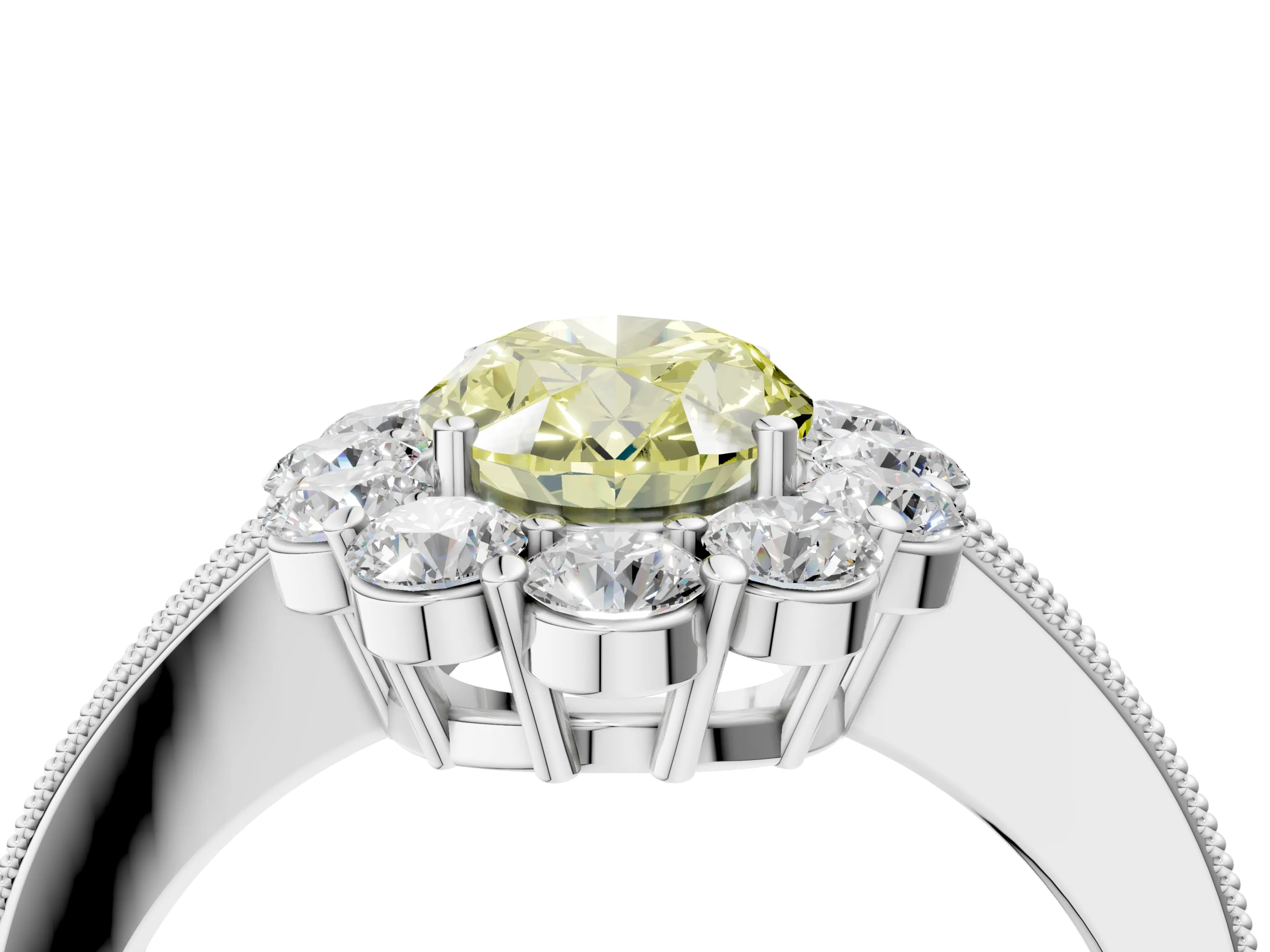 White gold Fancy Yellow Oval Cut Cut Halo Diamond Pavé Engagement Ring with Milgrain Detailing_4
