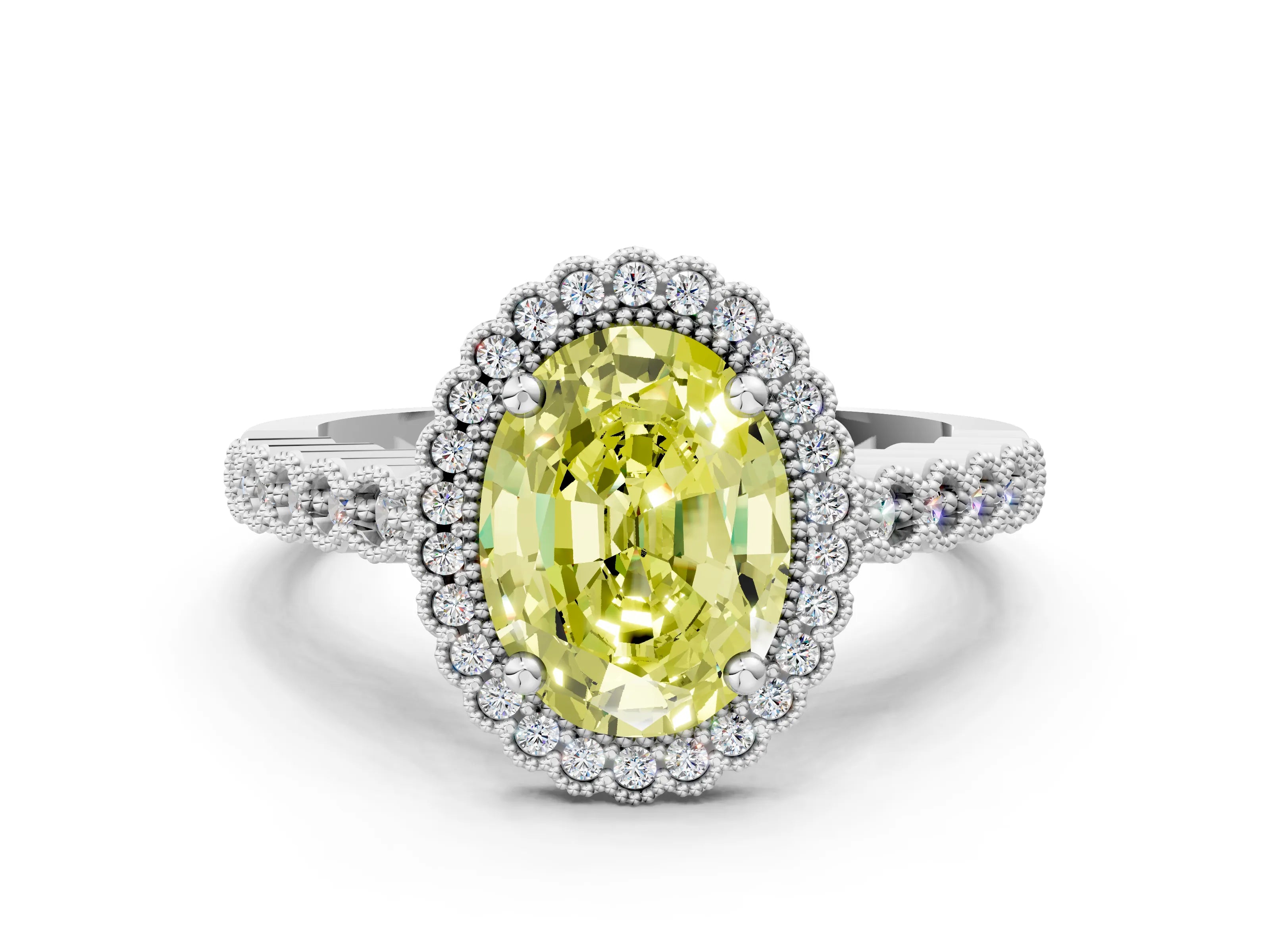 White gold Fancy Yellow Oval Cut Cut Halo Pavé Solitaire Ring with Milgrain Band_12