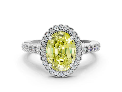 White gold Fancy Yellow Oval Cut Cut Halo Pavé Solitaire Ring with Milgrain Band_12