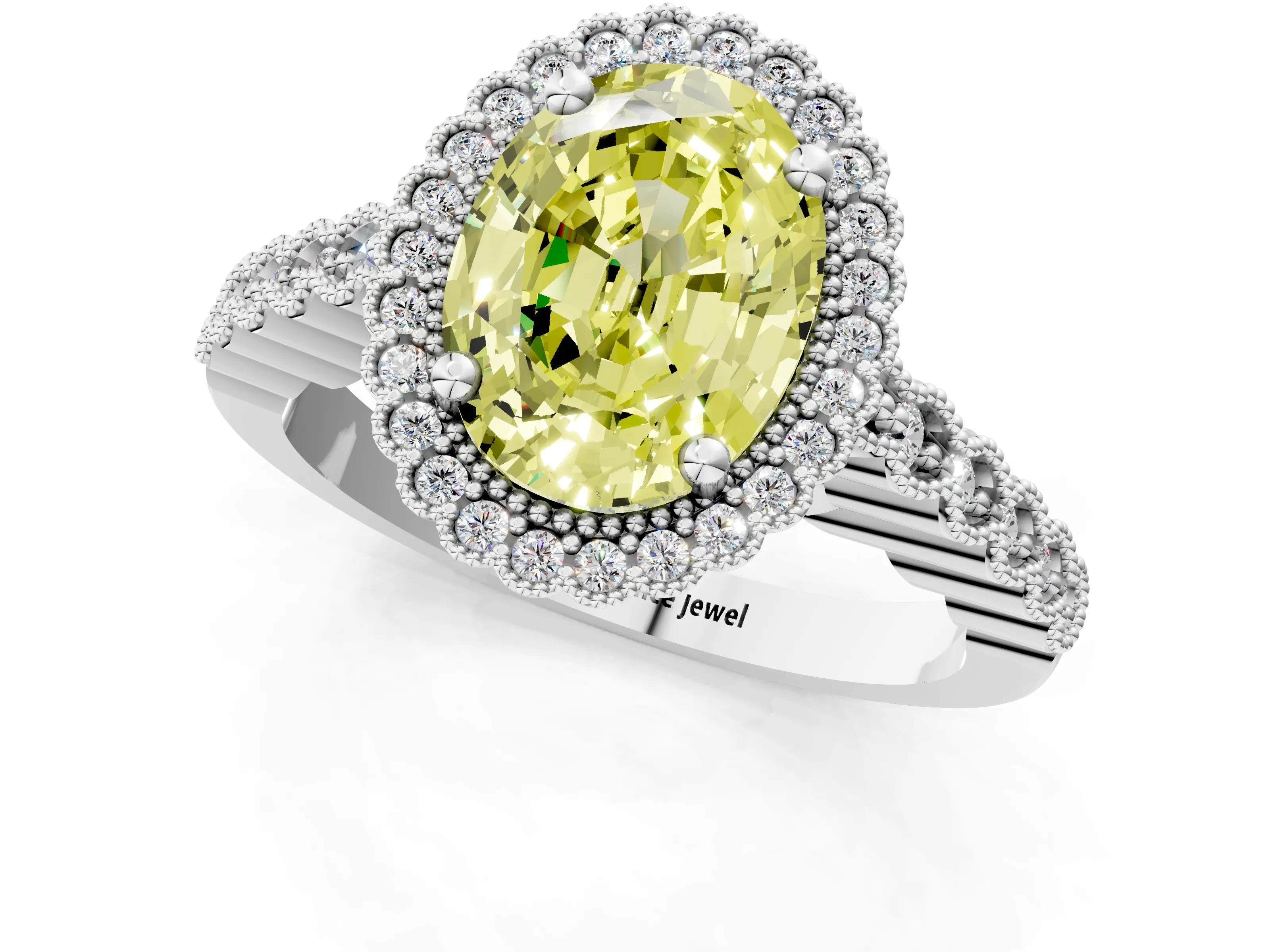 White gold Fancy Yellow Oval Cut Cut Halo Pavé Solitaire Ring with Milgrain Band_13
