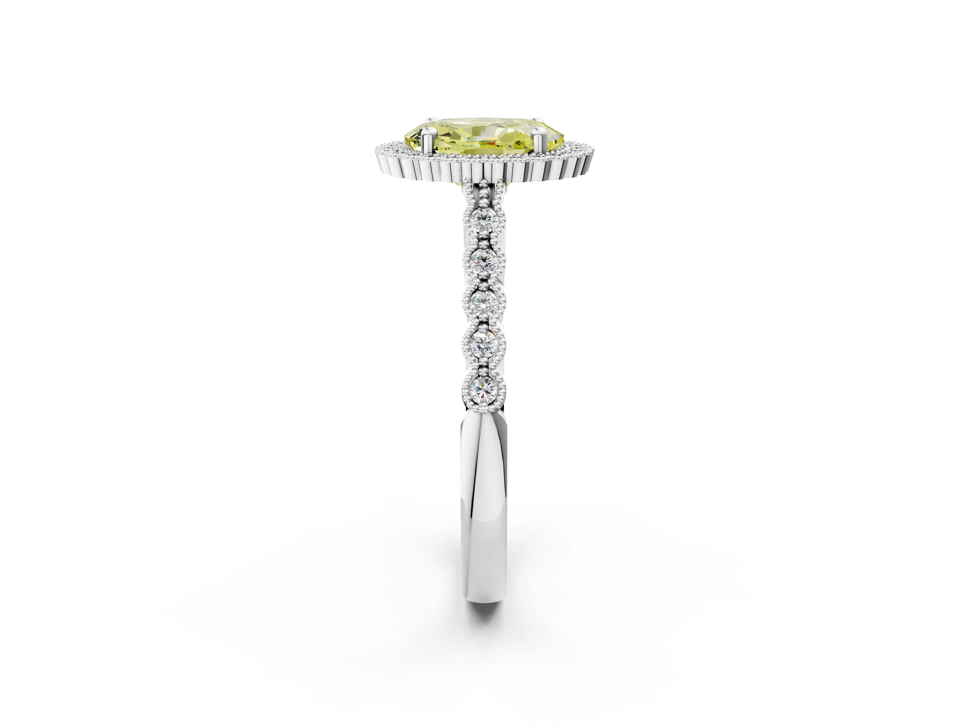 White gold Fancy Yellow Oval Cut Cut Halo Pavé Solitaire Ring with Milgrain Band_14