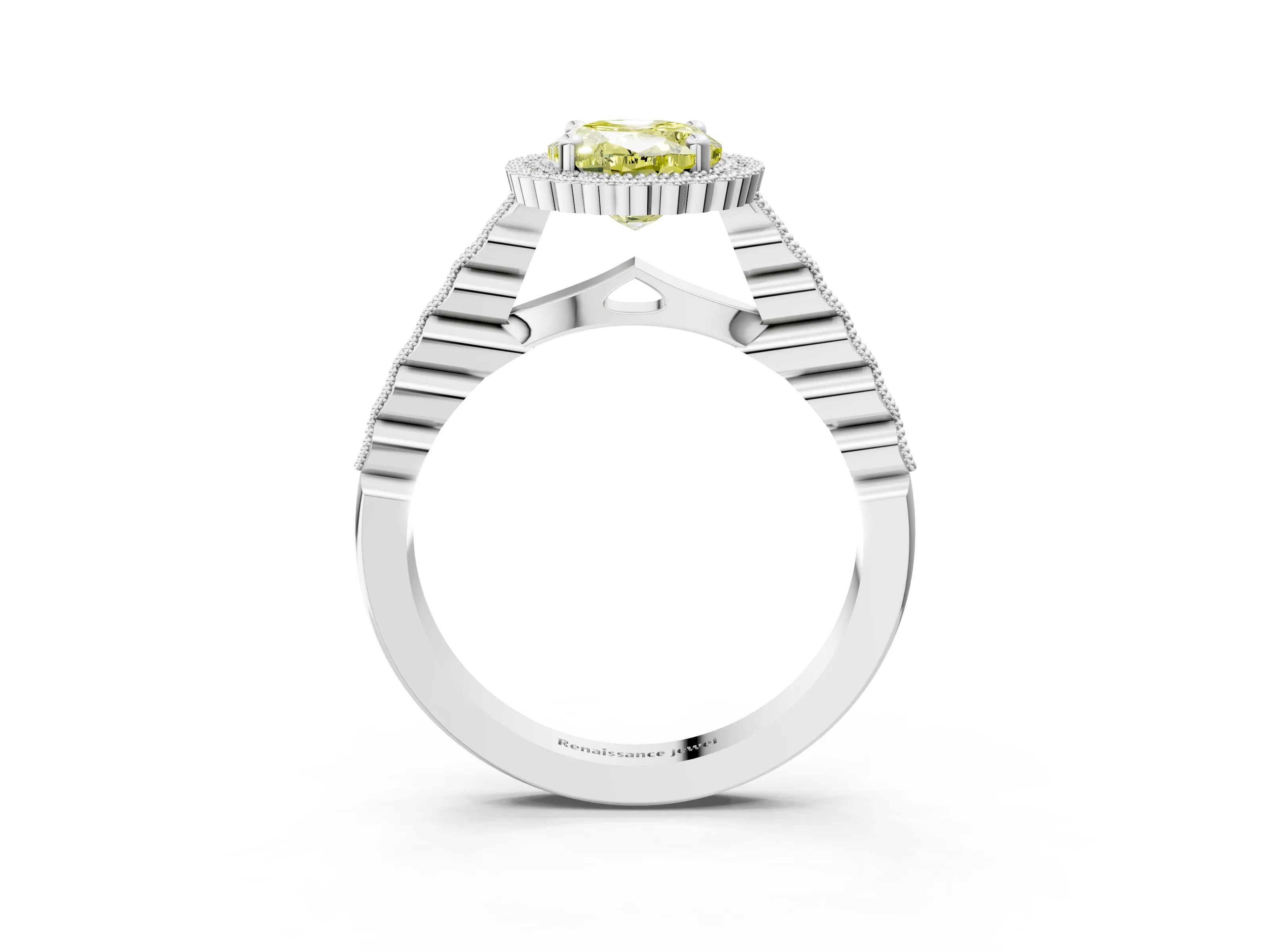White gold Fancy Yellow Oval Cut Cut Halo Pavé Solitaire Ring with Milgrain Band_15