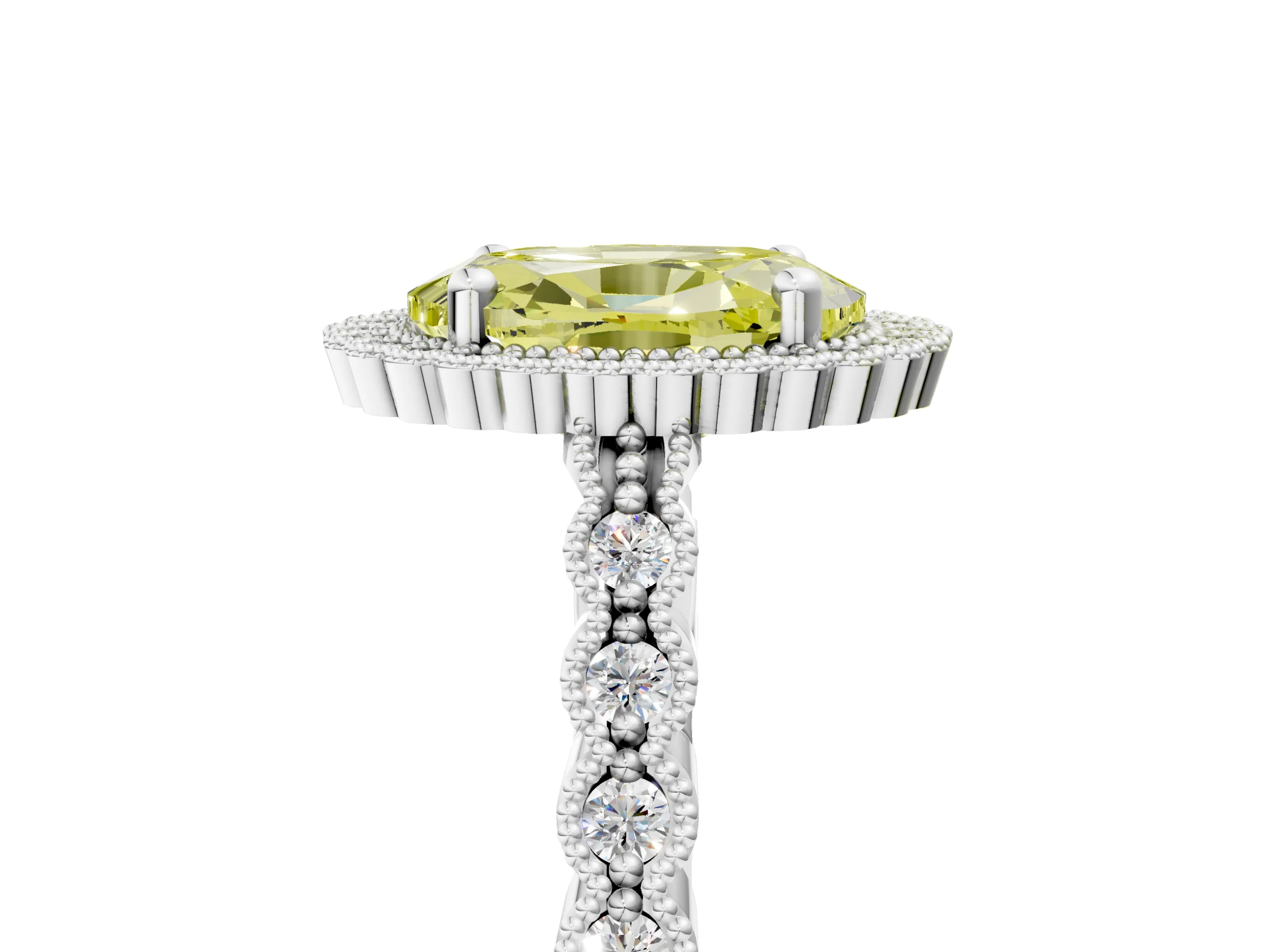White gold Fancy Yellow Oval Cut Cut Halo Pavé Solitaire Ring with Milgrain Band_17