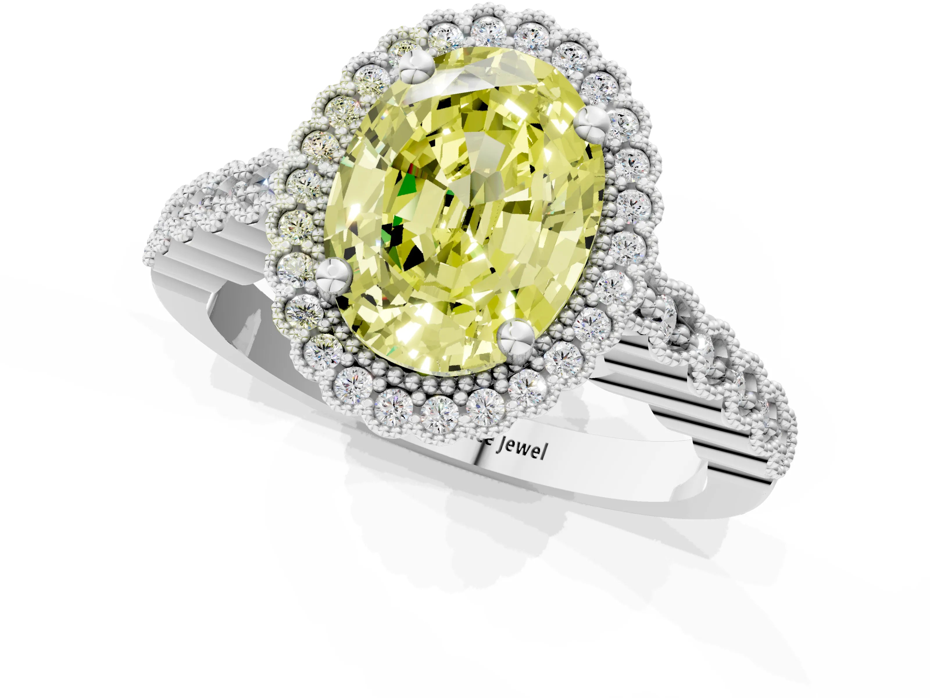 White gold Fancy Yellow Oval Cut Cut Halo Pavé Solitaire Ring with Milgrain Band_1