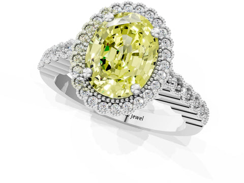 White gold Fancy Yellow Oval Cut Cut Halo Pavé Solitaire Ring with Milgrain Band_1
