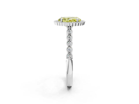 White gold Fancy Yellow Oval Cut Cut Halo Pavé Solitaire Ring with Milgrain Band_2