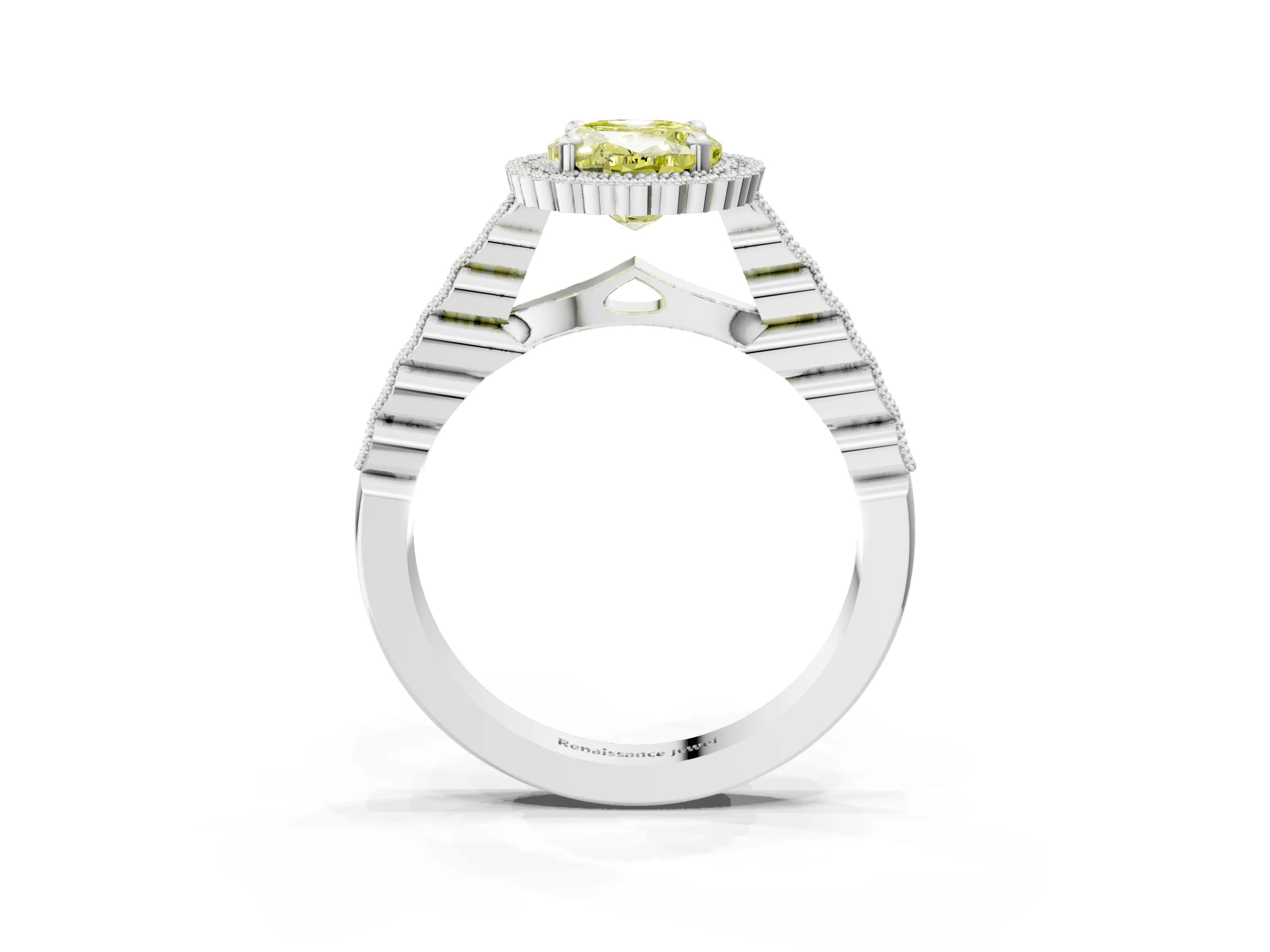 White gold Fancy Yellow Oval Cut Cut Halo Pavé Solitaire Ring with Milgrain Band_3