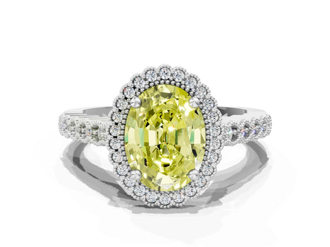 White gold Fancy Yellow Oval Cut Cut Halo Pavé Solitaire Ring with Milgrain Band