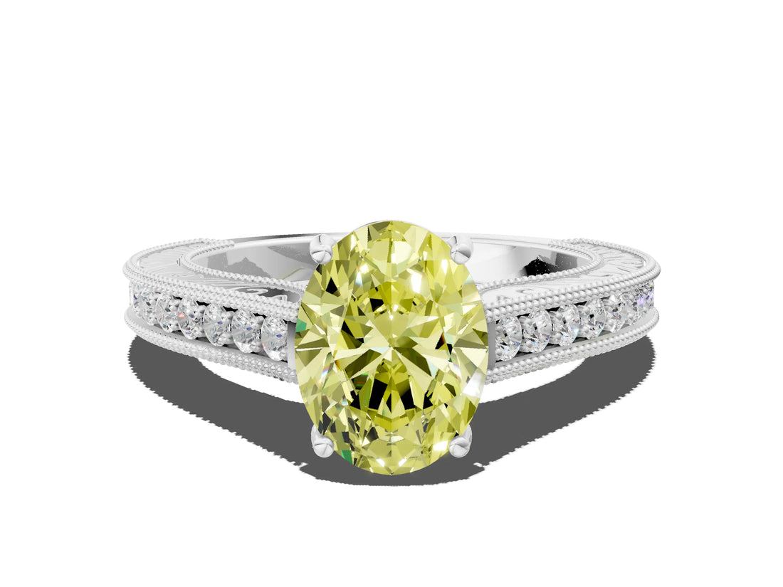 White gold Fancy Yellow Oval Cut Cut Pave Band Milgrain Solitaire Ring