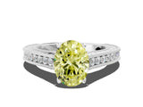 White gold Fancy Yellow Oval Cut Cut Pave Band Milgrain Solitaire Ring