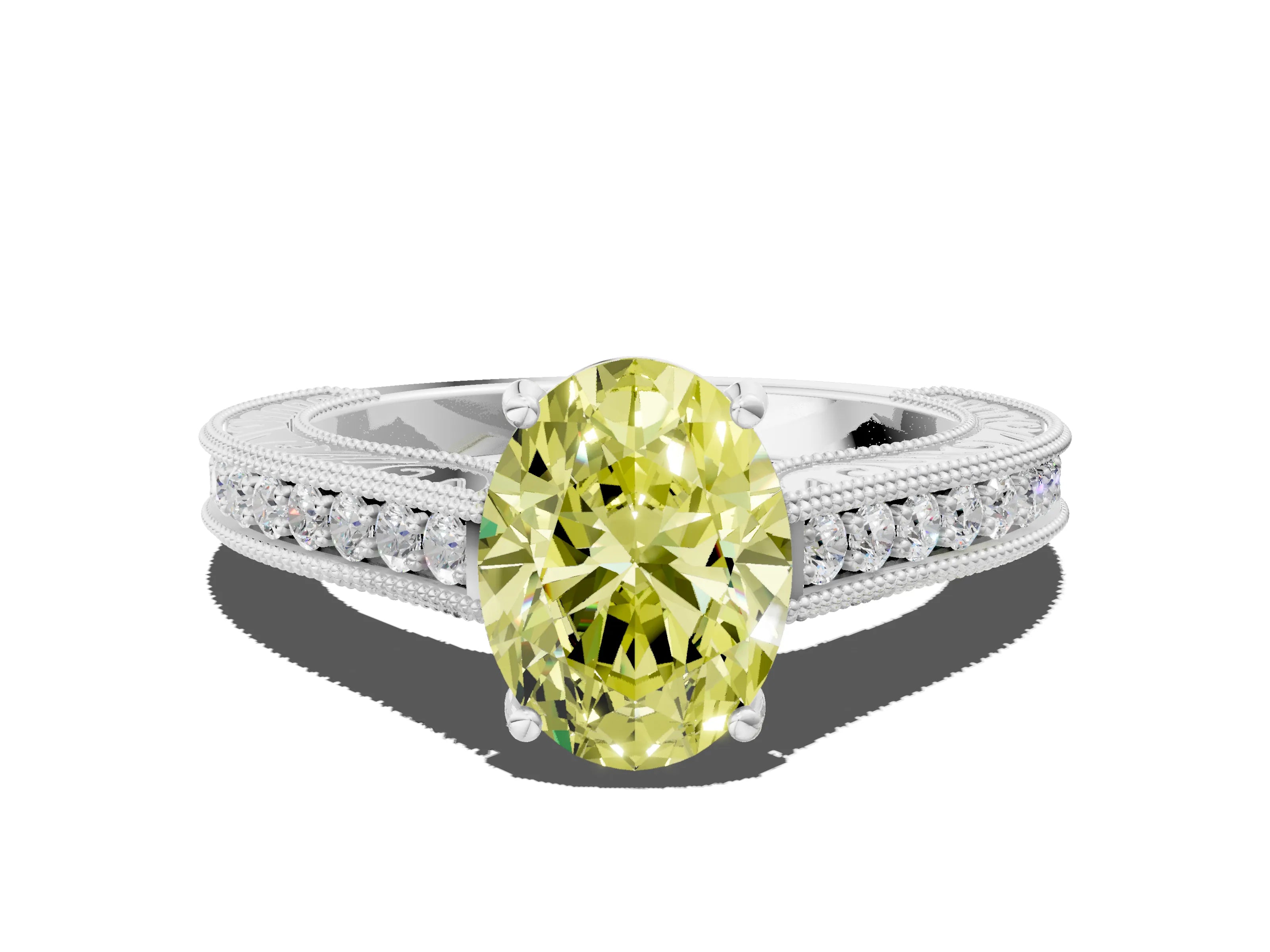 White gold Fancy Yellow Oval Cut Cut Pave Band Milgrain Solitaire Ring