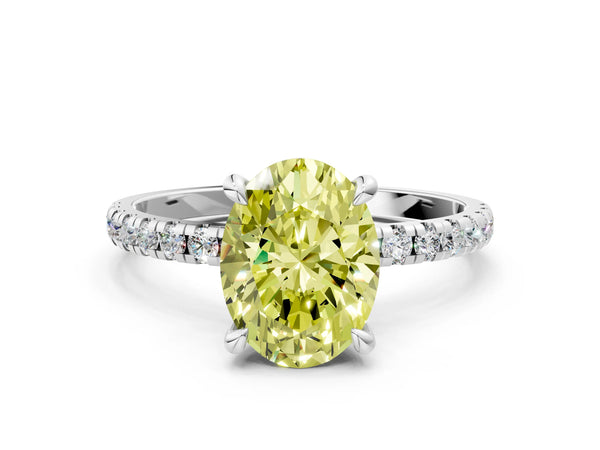 Platinum Fancy Yellow Oval Cut Diamond Brilliant Solitaire Ring with Pavé Band and Four-Prong Setting