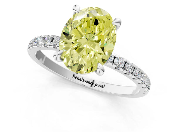 Platinum Fancy Yellow Oval Cut Diamond Brilliant Solitaire Ring with Pavé Band and Four-Prong Setting