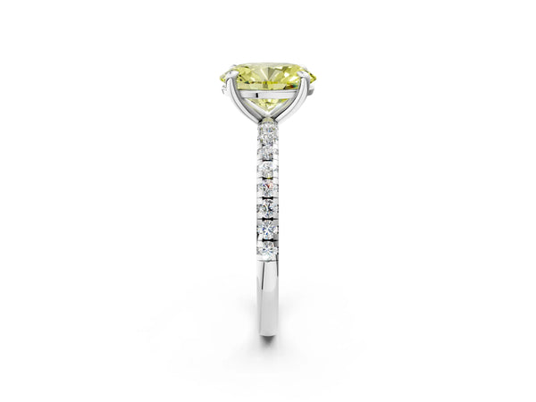 Platinum Fancy Yellow Oval Cut Diamond Brilliant Solitaire Ring with Pavé Band and Four-Prong Setting