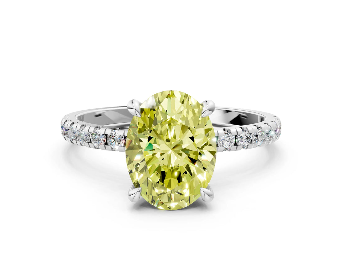 White gold Fancy Yellow Oval Cut Diamond Brilliant Solitaire Ring with Pavé Band and Four-Prong Setting_6
