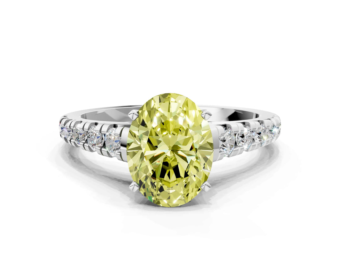 White gold Fancy Yellow Oval Cut Diamond Cathedral Solitaire Ring with Round  Pavé Band_218