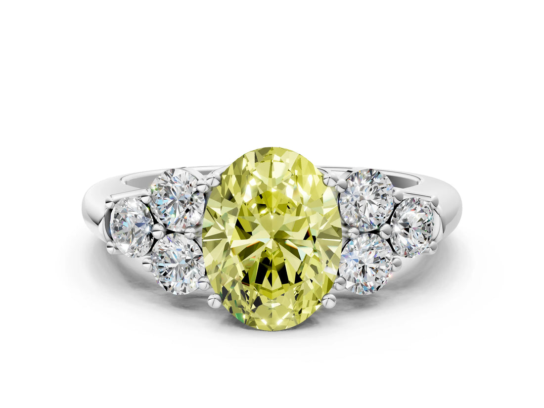 White gold Fancy Yellow Oval  Cut Diamond Cluster Ring with Round Accent Stones and Prong Setting on a Classic Band_49