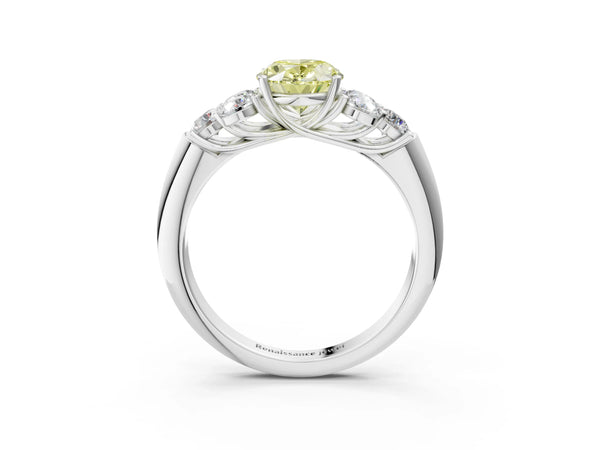 Platinum Fancy Yellow Oval  Cut Diamond Cluster Ring with Round Accent Stones and Prong Setting on a Classic Band