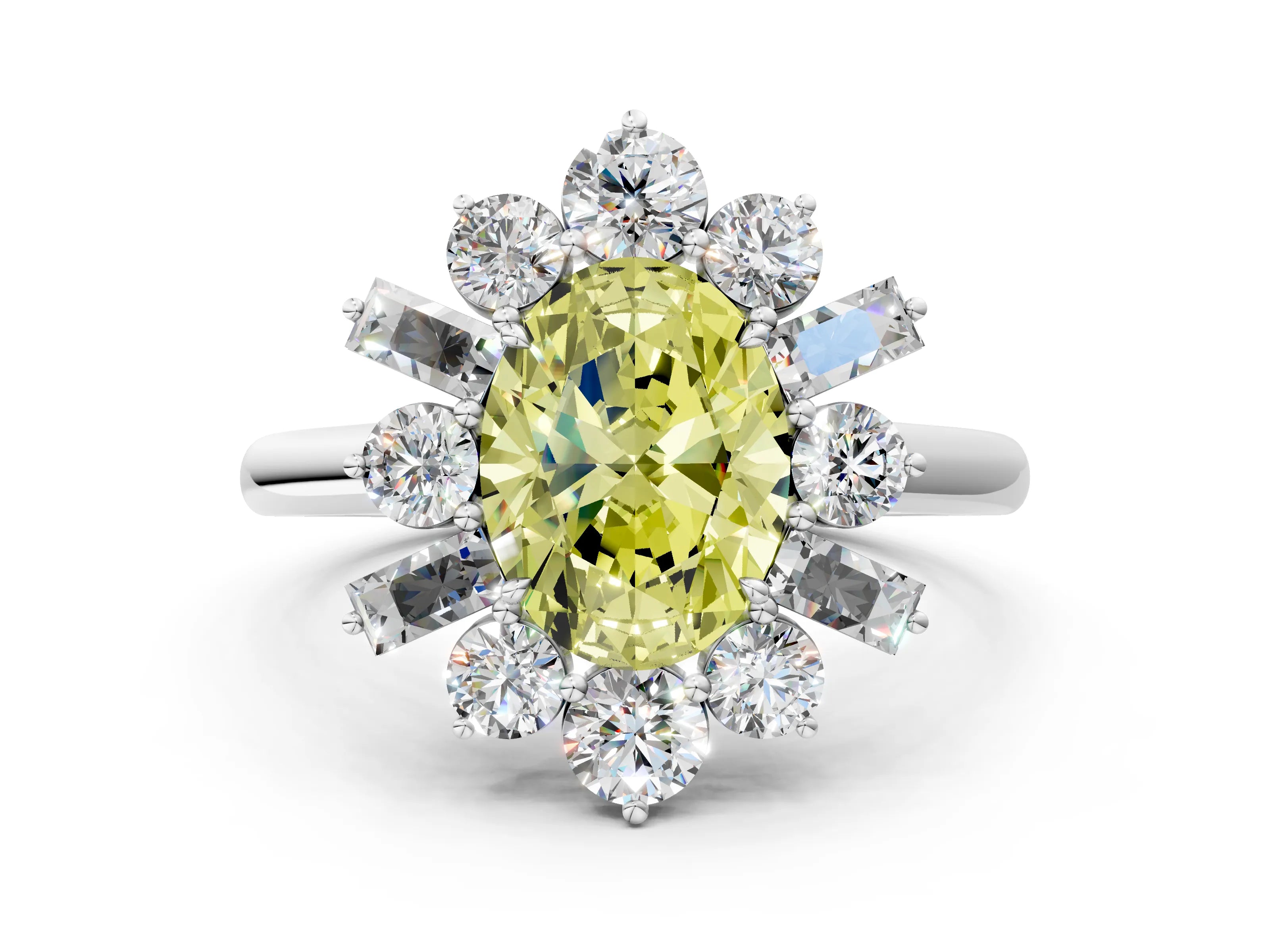 White gold Fancy Yellow Oval Cut Diamond Cluster Ring with Round and Baguette Stones, Split Shank Band, Prong Setting