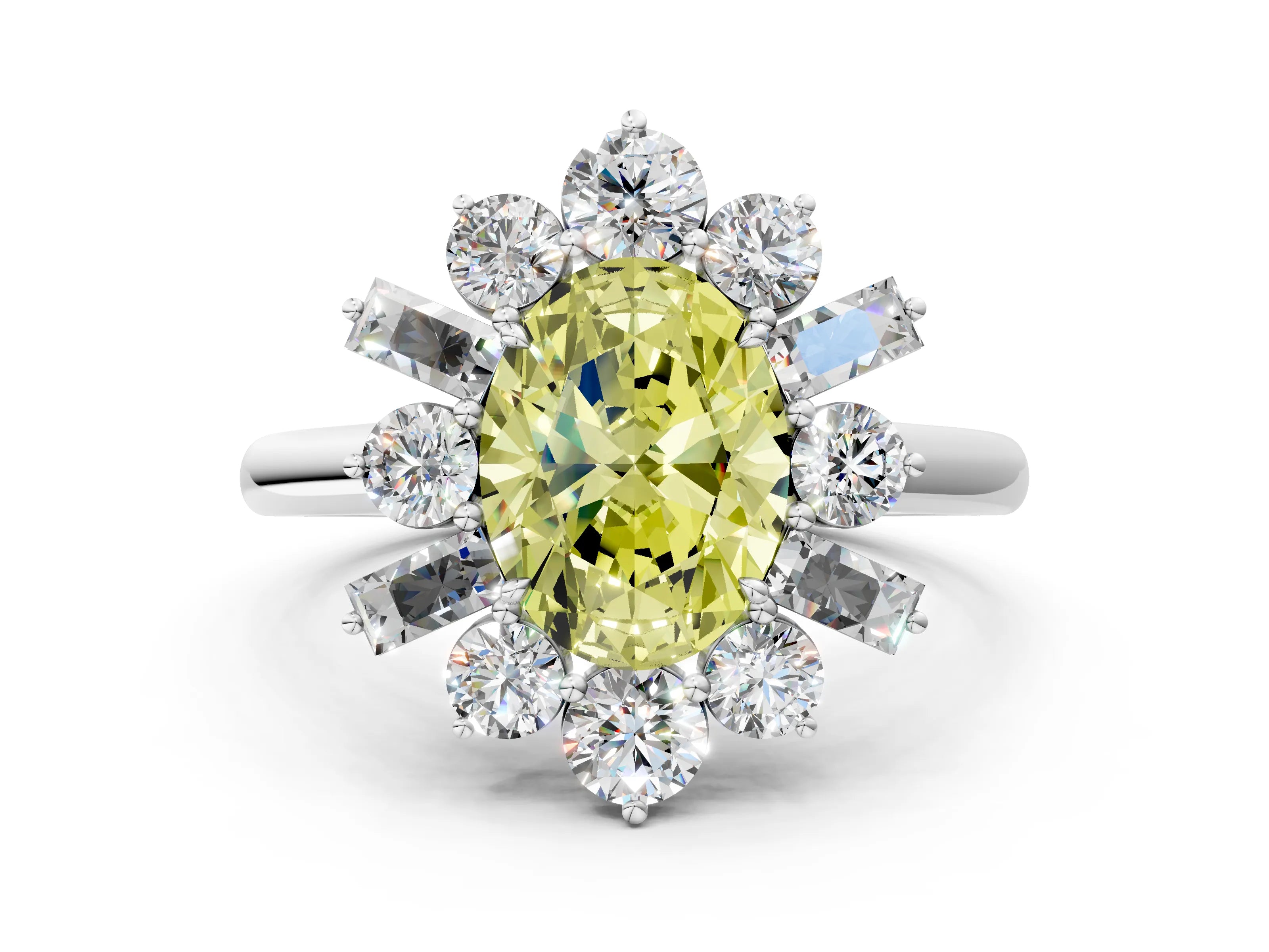 White gold Fancy Yellow Oval Cut Diamond Cluster Ring with Round and Baguette Stones, Split Shank Band, Prong Setting_12