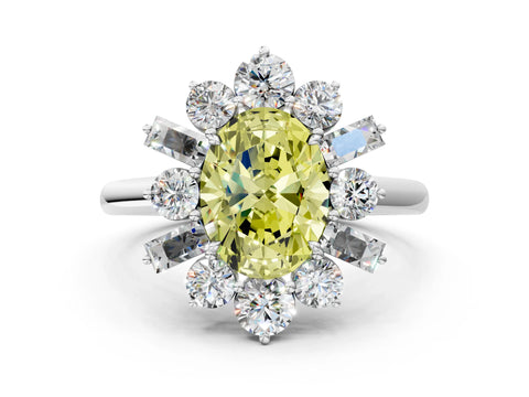 White gold Fancy Yellow Oval Cut Diamond Cluster Ring with Round and Baguette Stones, Split Shank Band, Prong Setting_12