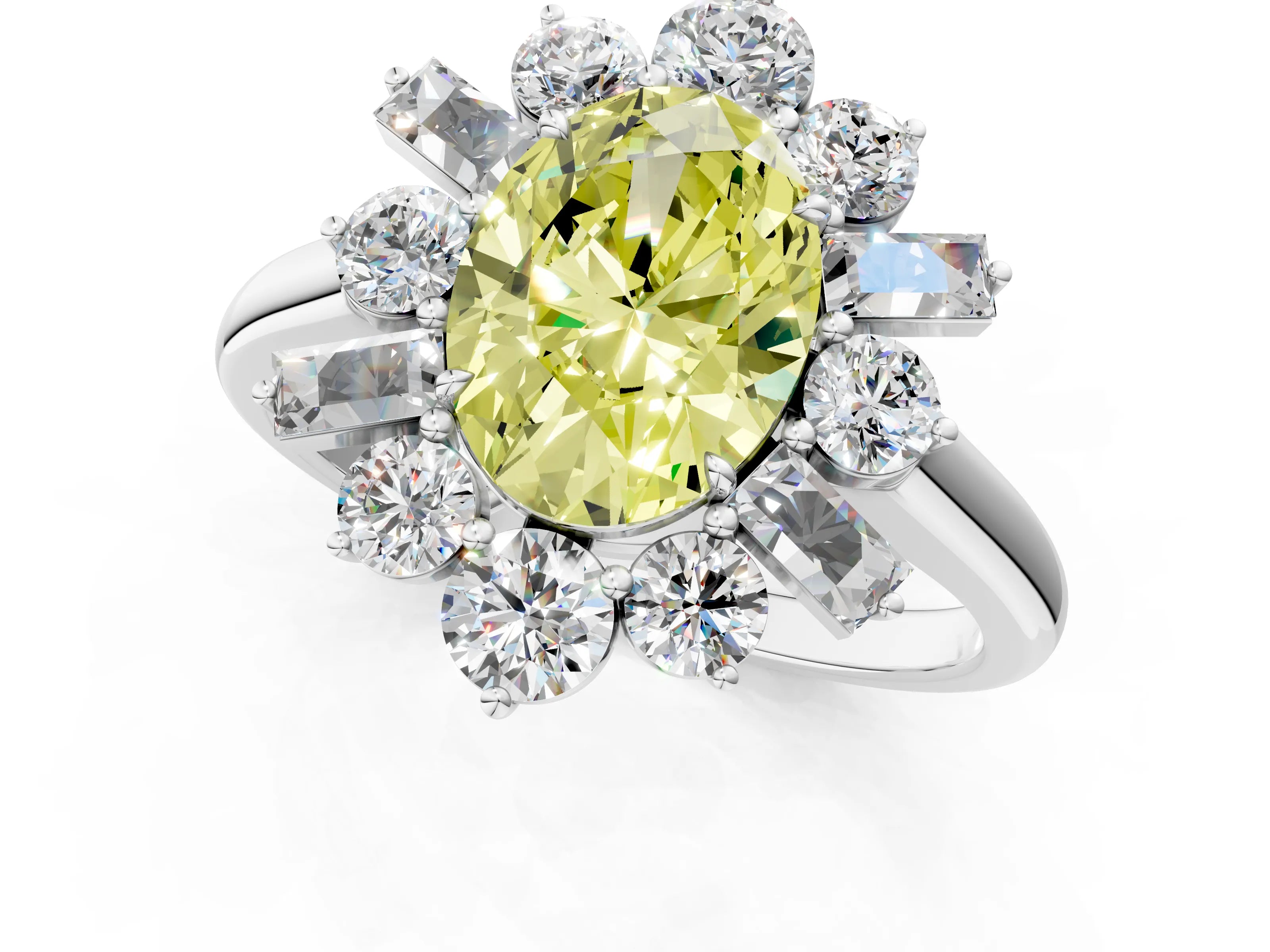 White gold Fancy Yellow Oval Cut Diamond Cluster Ring with Round and Baguette Stones, Split Shank Band, Prong Setting_13