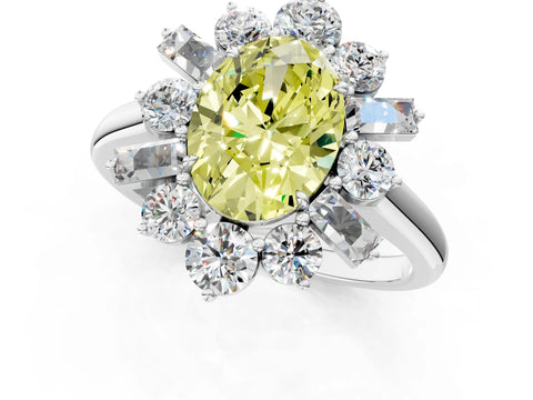 White gold Fancy Yellow Oval Cut Diamond Cluster Ring with Round and Baguette Stones, Split Shank Band, Prong Setting_13