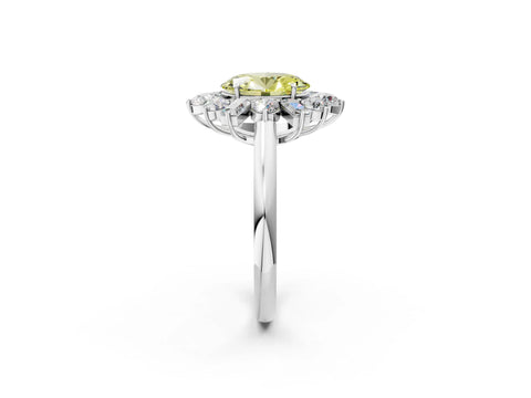 White gold Fancy Yellow Oval Cut Diamond Cluster Ring with Round and Baguette Stones, Split Shank Band, Prong Setting_14
