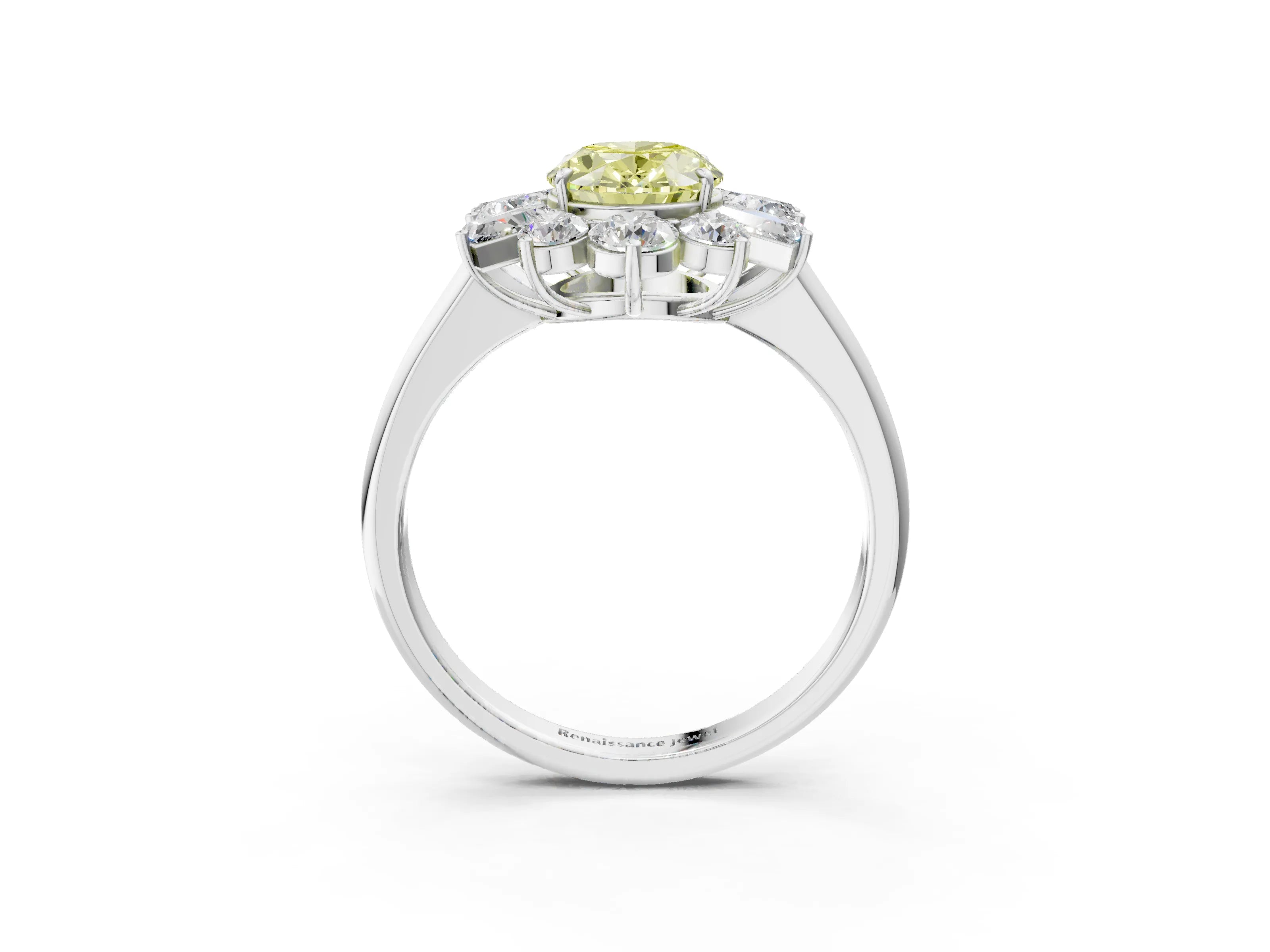 White gold Fancy Yellow Oval Cut Diamond Cluster Ring with Round and Baguette Stones, Split Shank Band, Prong Setting_15