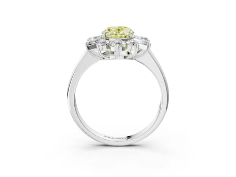 White gold Fancy Yellow Oval Cut Diamond Cluster Ring with Round and Baguette Stones, Split Shank Band, Prong Setting_15