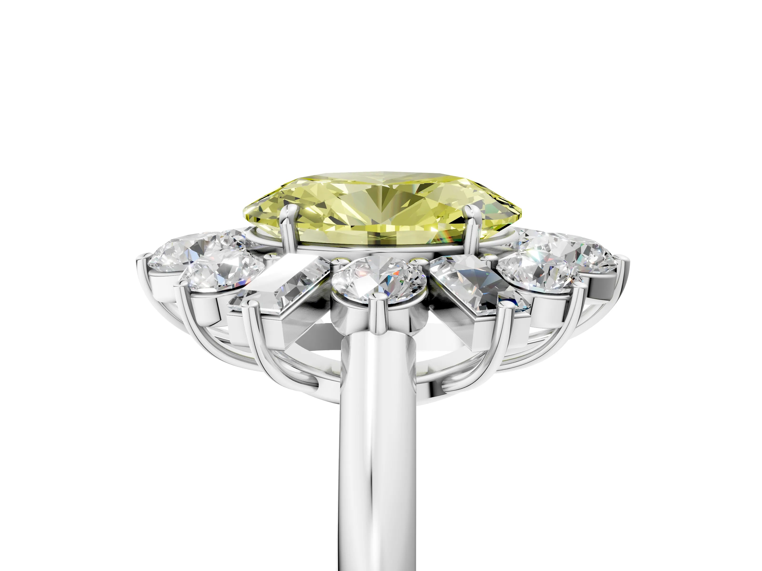 White gold Fancy Yellow Oval Cut Diamond Cluster Ring with Round and Baguette Stones, Split Shank Band, Prong Setting_17