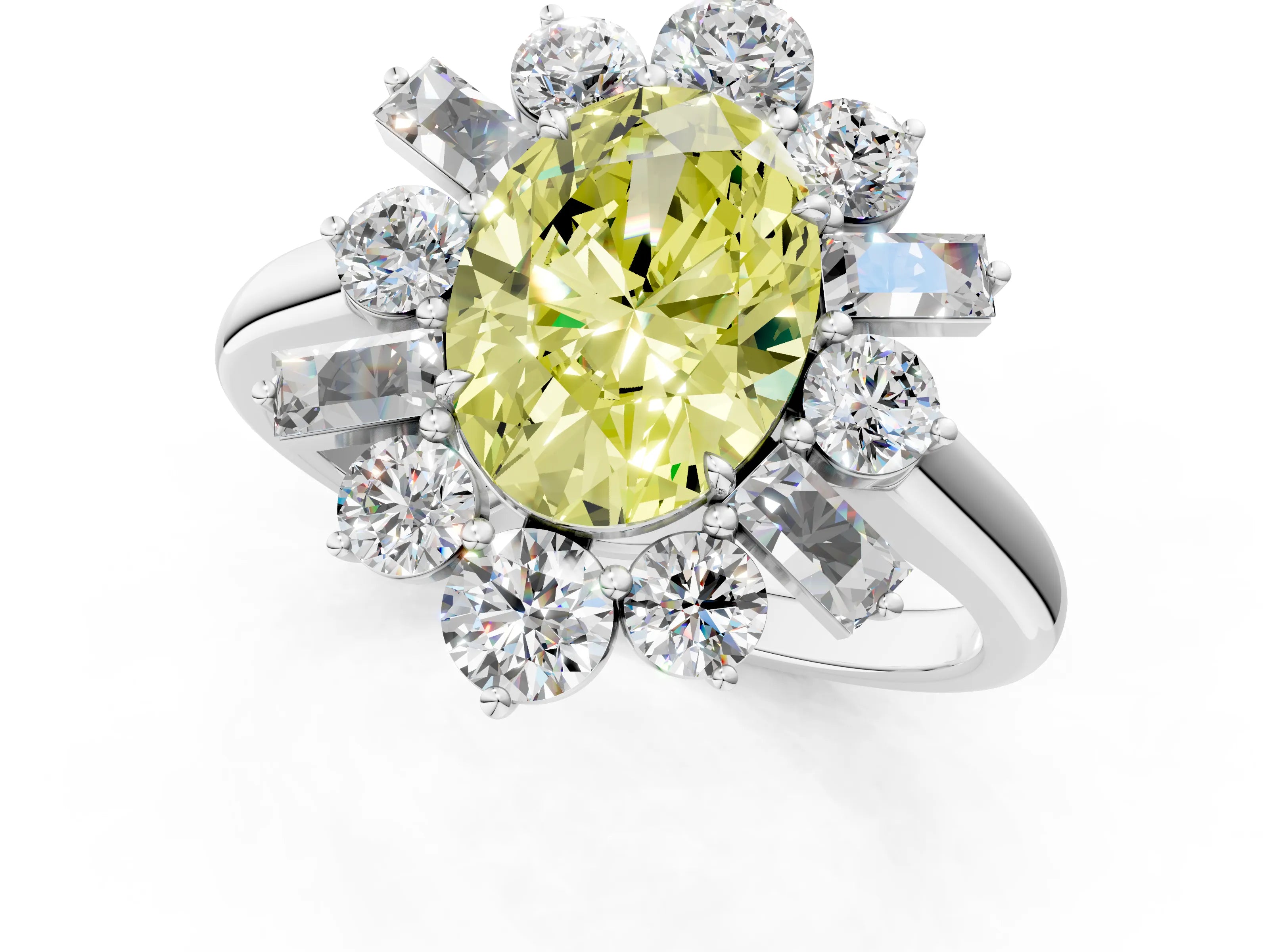 White gold Fancy Yellow Oval Cut Diamond Cluster Ring with Round and Baguette Stones, Split Shank Band, Prong Setting_1