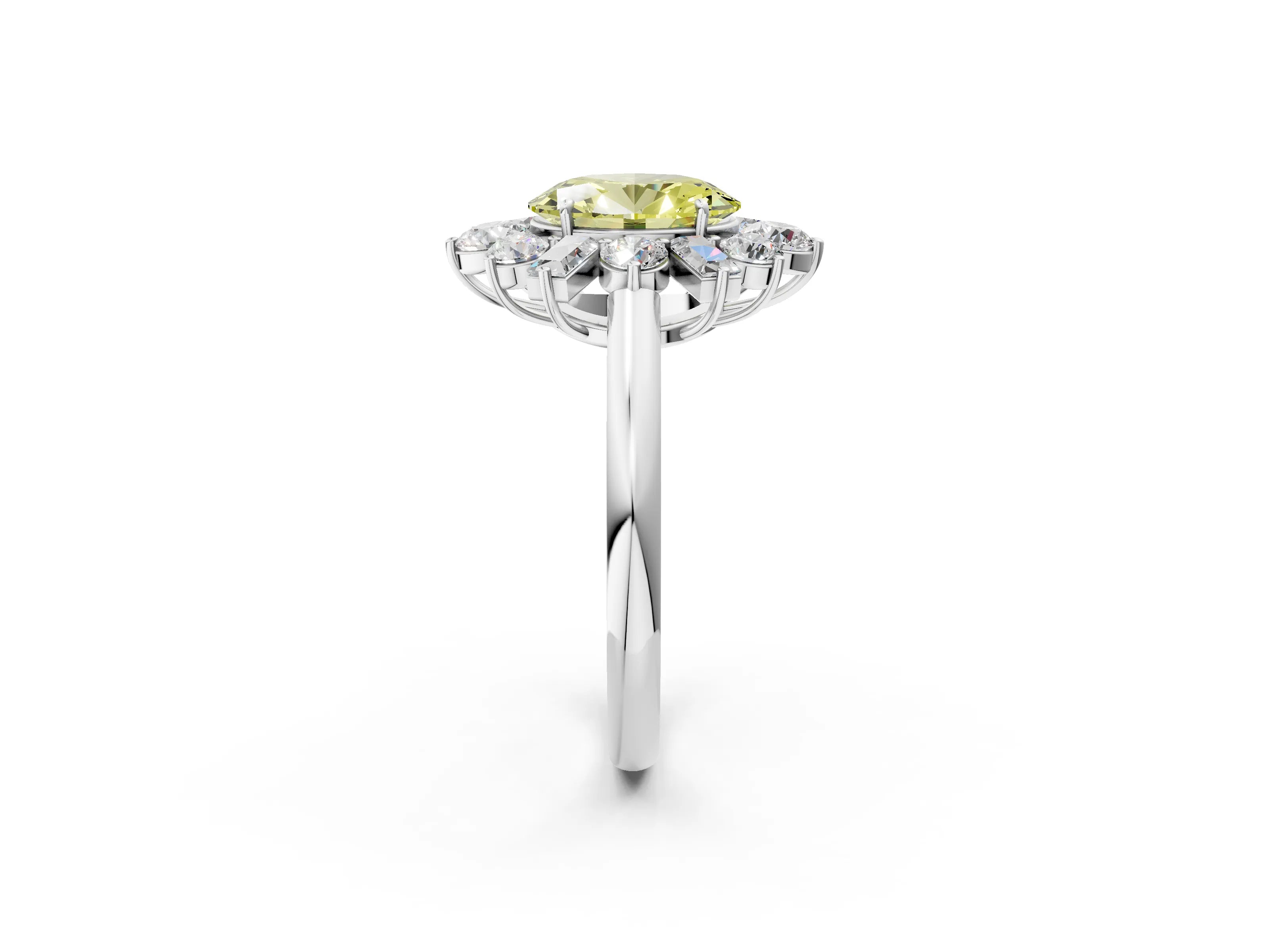White gold Fancy Yellow Oval Cut Diamond Cluster Ring with Round and Baguette Stones, Split Shank Band, Prong Setting_2
