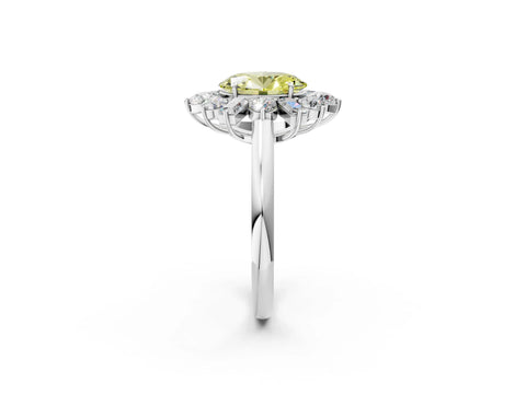White gold Fancy Yellow Oval Cut Diamond Cluster Ring with Round and Baguette Stones, Split Shank Band, Prong Setting_2