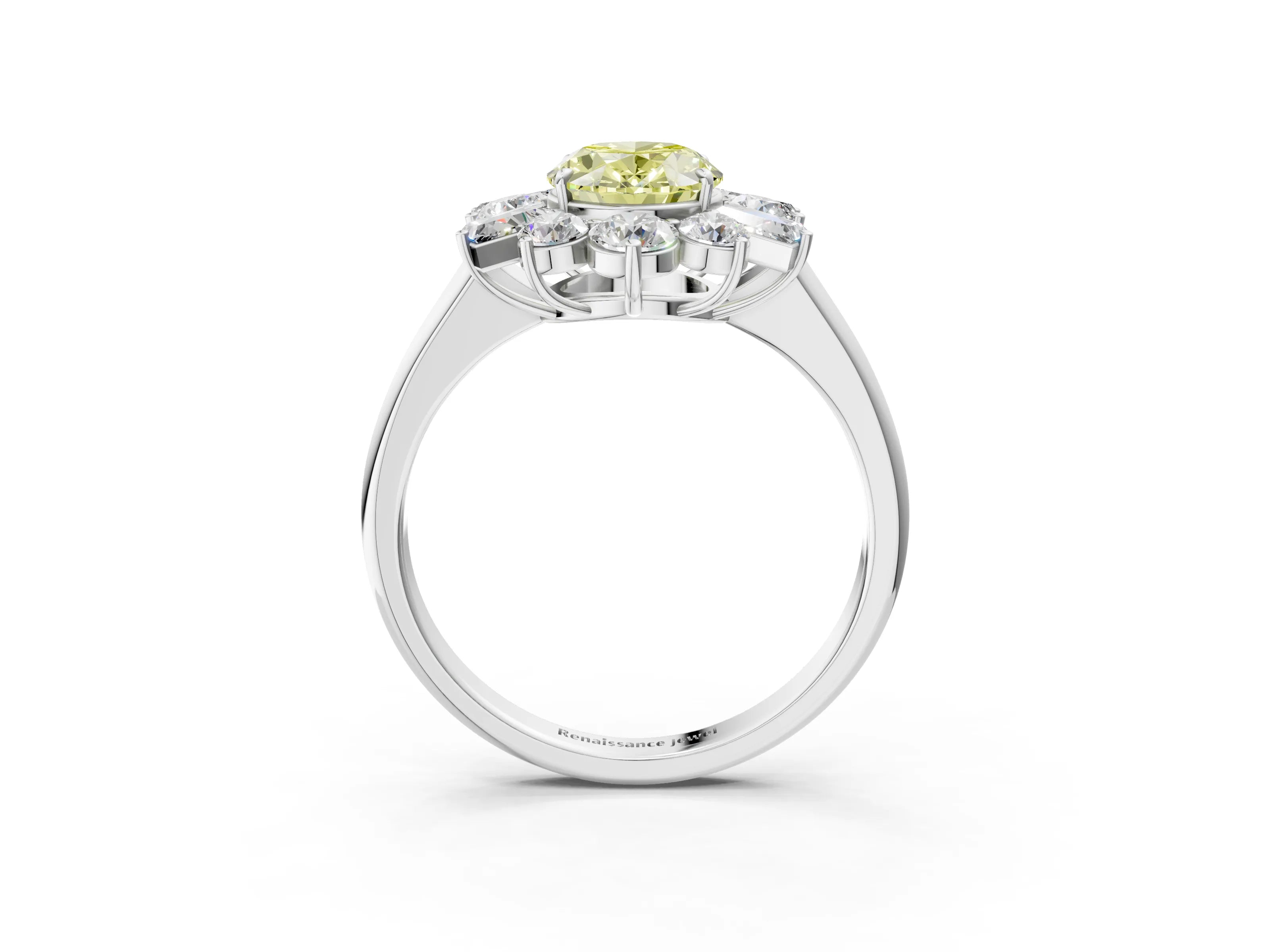 White gold Fancy Yellow Oval Cut Diamond Cluster Ring with Round and Baguette Stones, Split Shank Band, Prong Setting_3