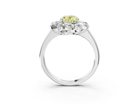 White gold Fancy Yellow Oval Cut Diamond Cluster Ring with Round and Baguette Stones, Split Shank Band, Prong Setting_3