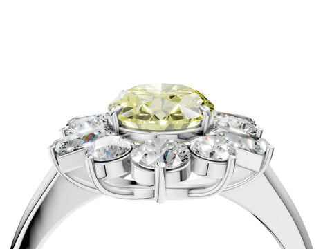 White gold Fancy Yellow Oval Cut Diamond Cluster Ring with Round and Baguette Stones, Split Shank Band, Prong Setting_4