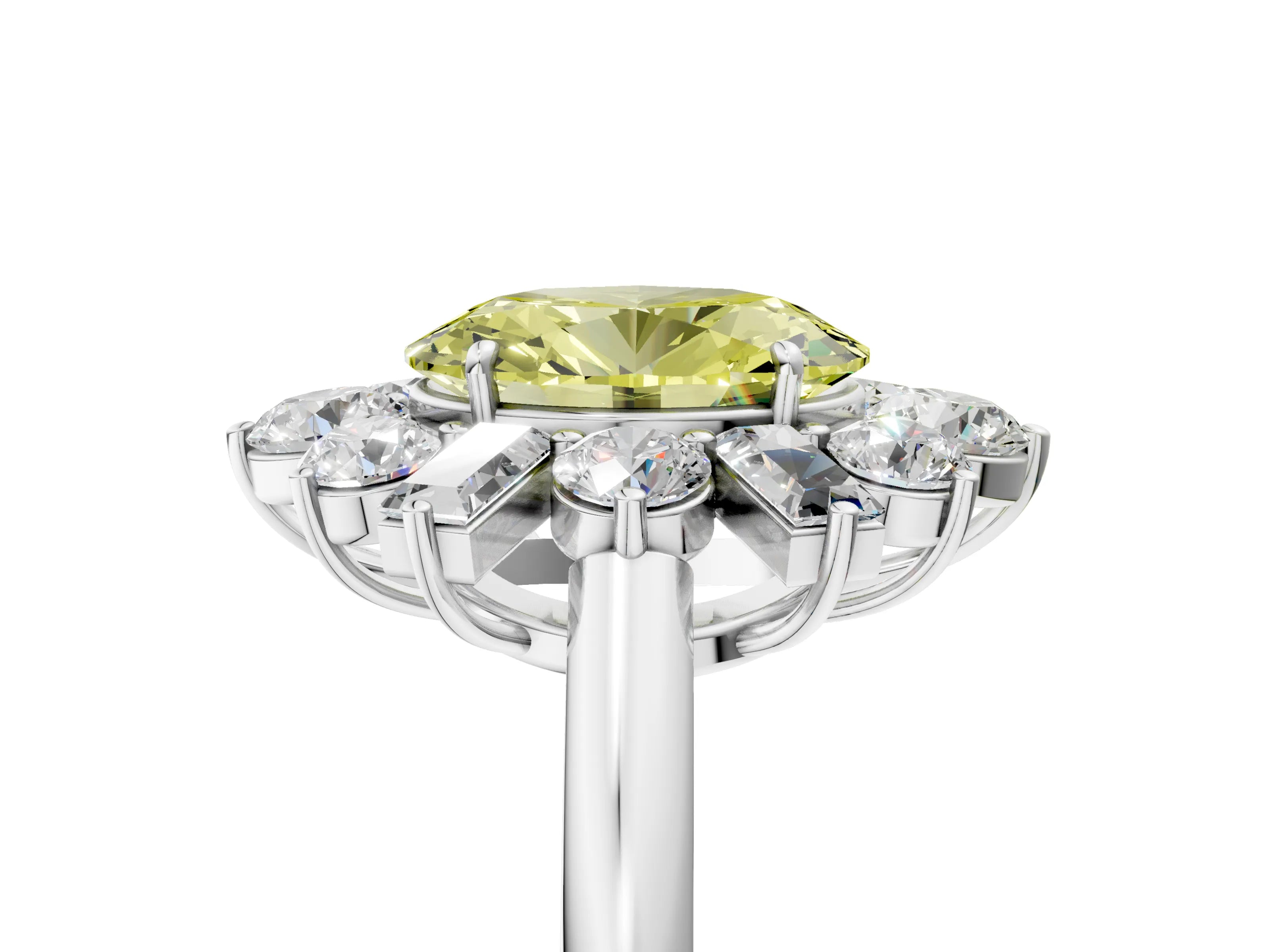 White gold Fancy Yellow Oval Cut Diamond Cluster Ring with Round and Baguette Stones, Split Shank Band, Prong Setting_5