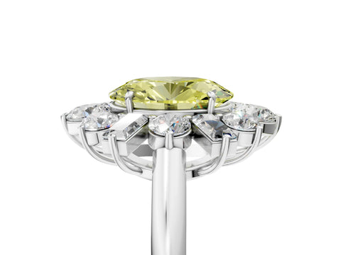 White gold Fancy Yellow Oval Cut Diamond Cluster Ring with Round and Baguette Stones, Split Shank Band, Prong Setting_5